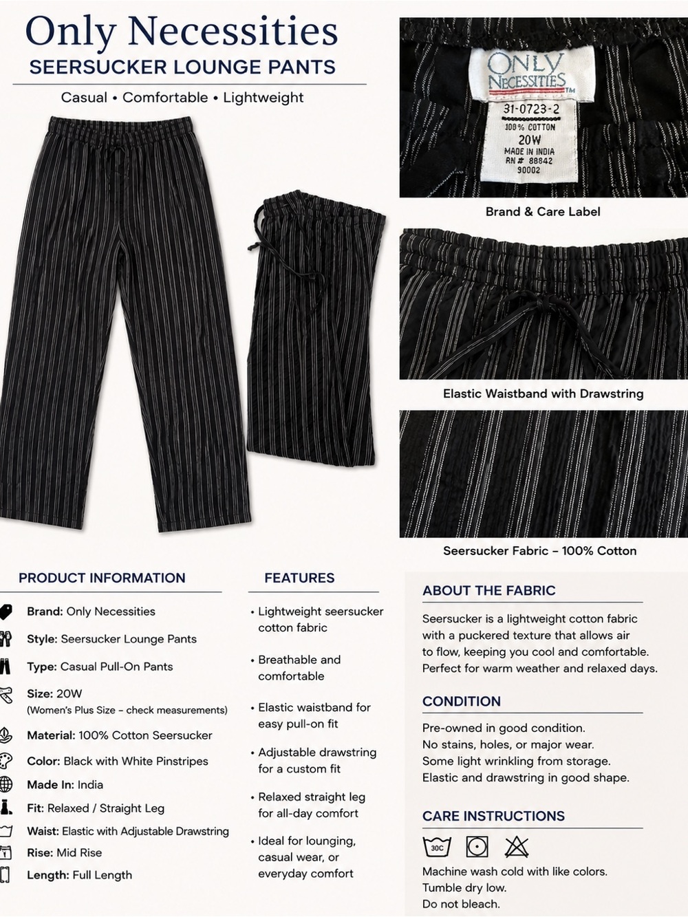 Only Necessities Black Cotton Pinstripe Lounge Pants
